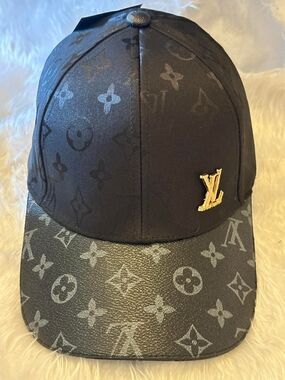 Black Monogram LV Logo Baseball Cap with Gold Emblem